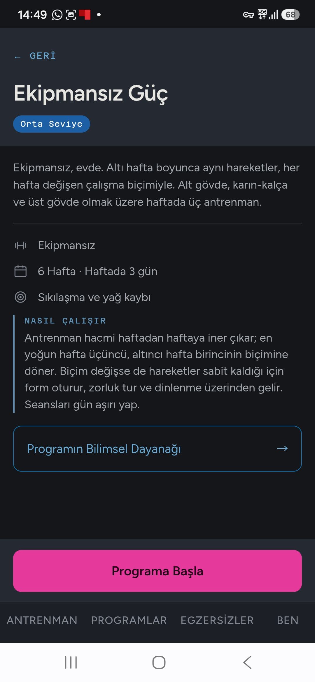 Program künyesi: seviye, ekipman, süre, hedef ve programın nasıl kurgulandığını anlatan blok