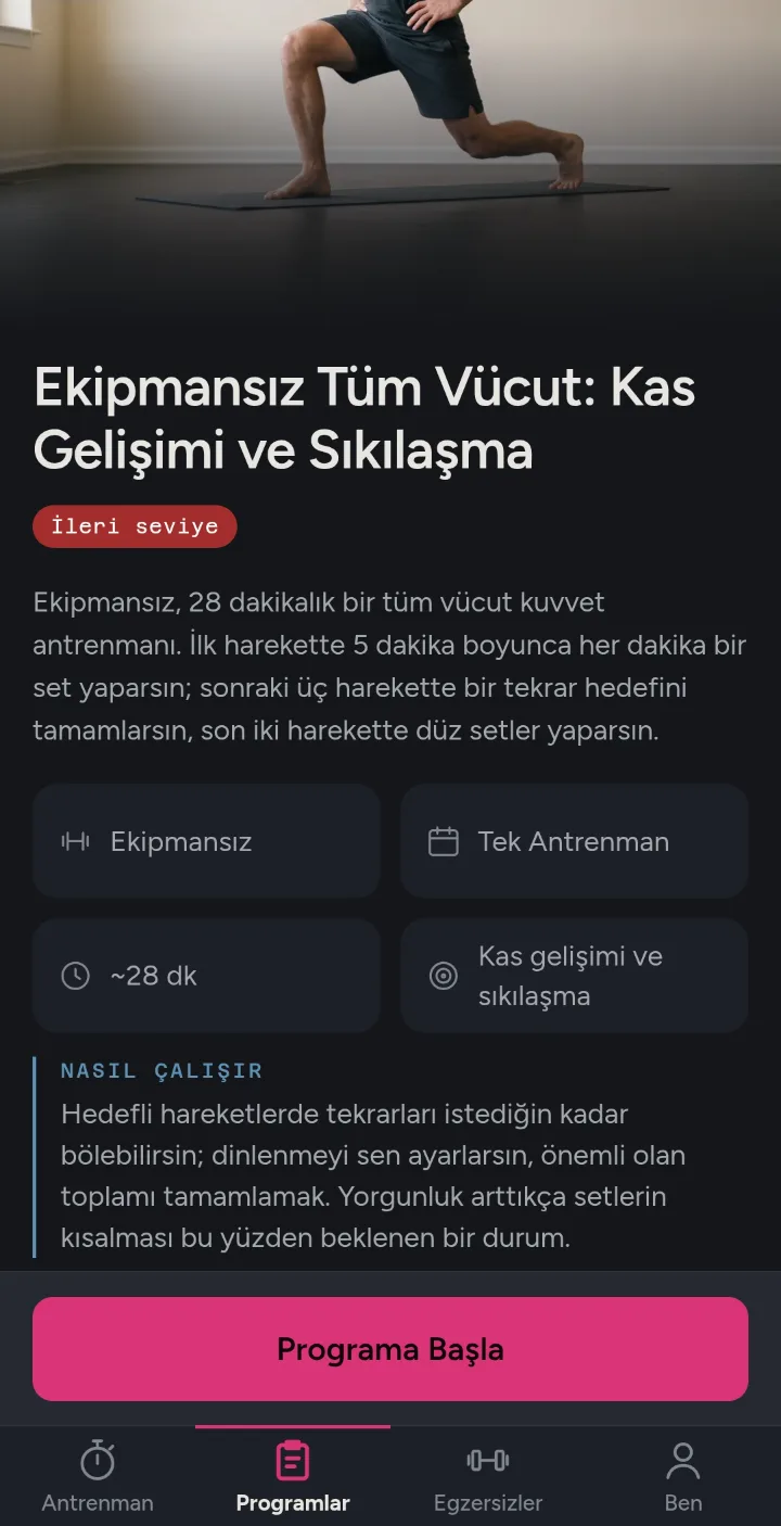 Program ekranı: Ekipmansız Tüm Vücut programının seviyesi, süresi ve hedefi